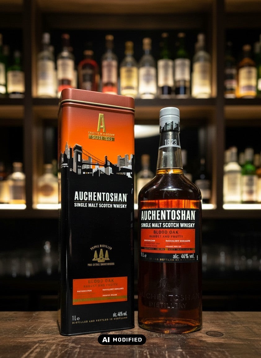 Auchentoshan Blood Oak Single Malt Scotch Whisky 1L, dreifach destilliert, in Vin Rouge- und Ex-Bourbonfässern gereift.