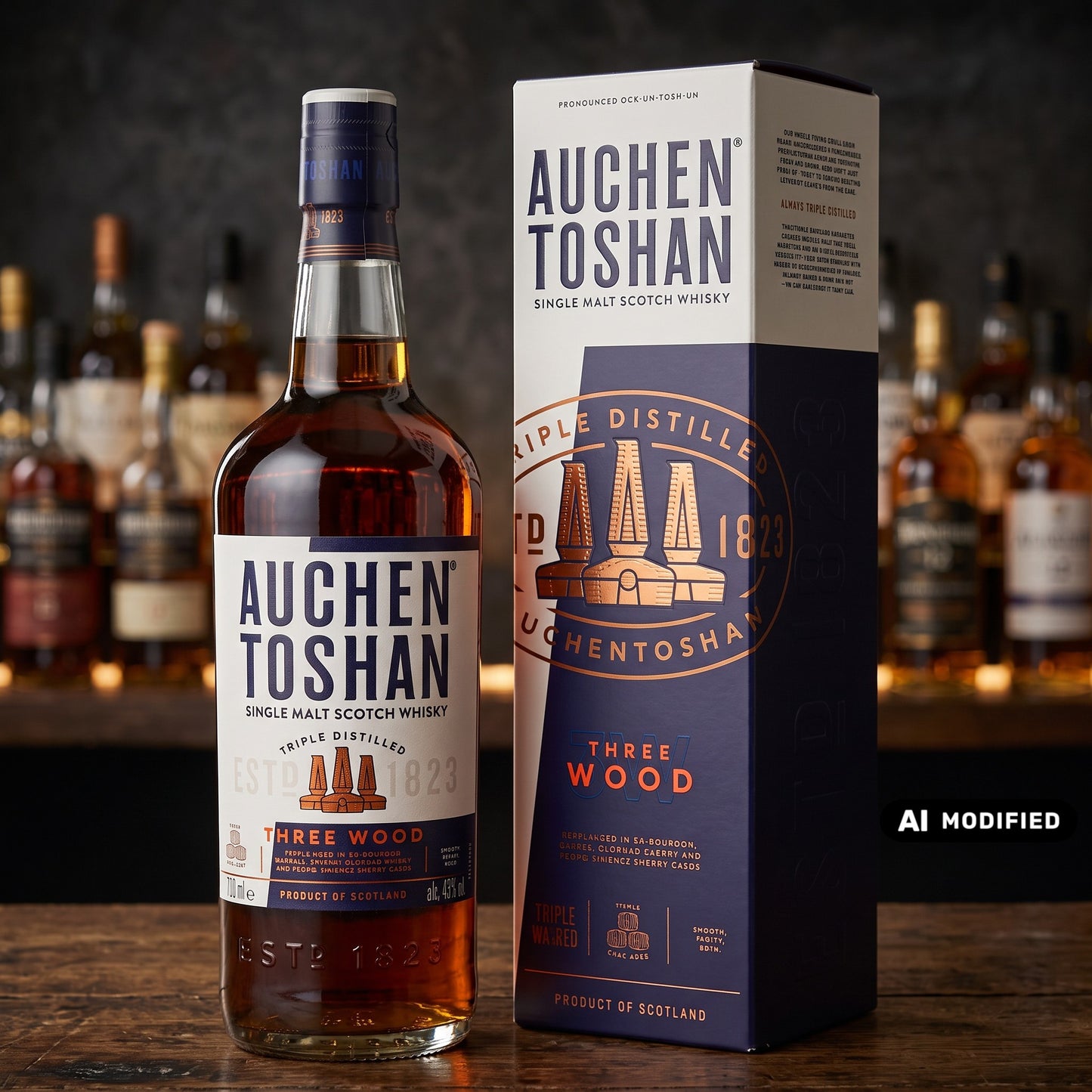 Whiskyquartier Auchentoshan Three Wood Single Malt Whisky Flasche mit Geschenkverpackung auf einem Holztisch