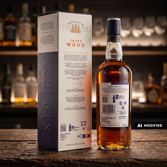 Whiskyquartier Auchentoshan Three Wood Single Malt Whisky Flasche mit Geschenkverpackung auf einem Holztisch