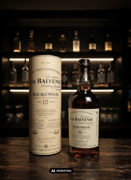 Whiskyquartier: Balvenie 12 Jahre Double Wood Single Malt Scotch Whisky in Flasche und Tube, bernsteinfarben, 0,7L