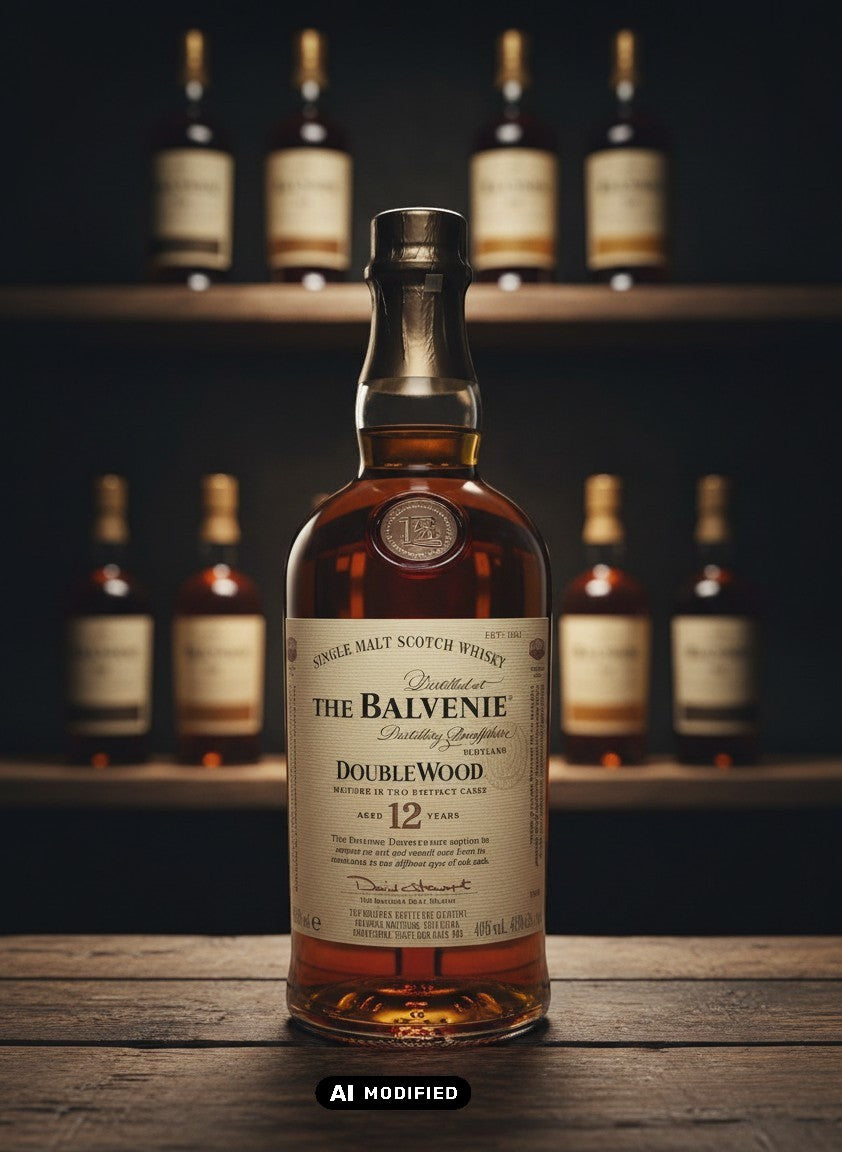 Whiskyquartier: Balvenie 12 Jahre Double Wood Single Malt Scotch Whisky in 0,7L Flasche, bernsteinfarben, gereift in zwei Fässern.