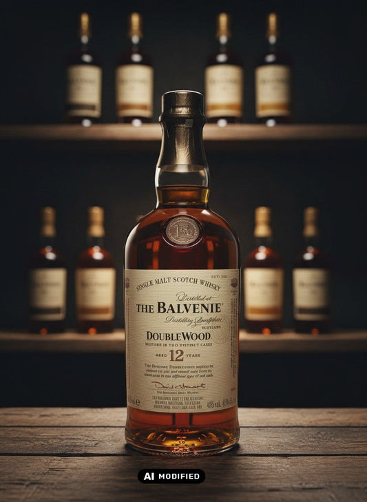 Whiskyquartier: Balvenie 12 Jahre Double Wood Single Malt Scotch Whisky in 0,7L Flasche, bernsteinfarben, gereift in zwei Fässern.
