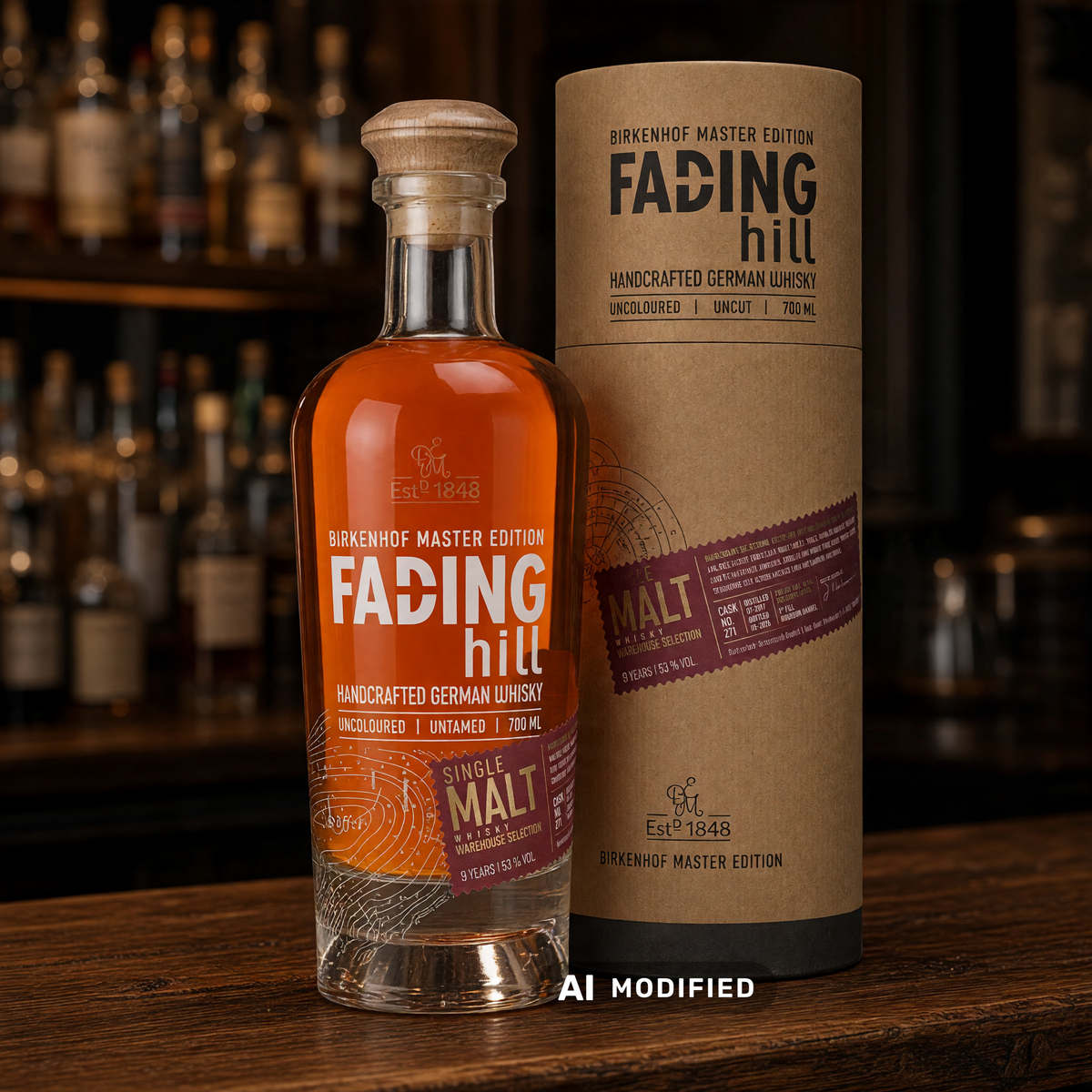 Whiskyquartier Birkenhof Fading Hill Single Malt Whisky in Glasflasche mit runder Geschenkverpackung auf Holztisch