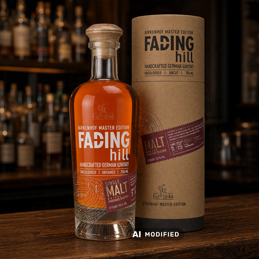 Whiskyquartier Birkenhof Fading Hill Single Malt Whisky in Glasflasche mit runder Geschenkverpackung auf Holztisch