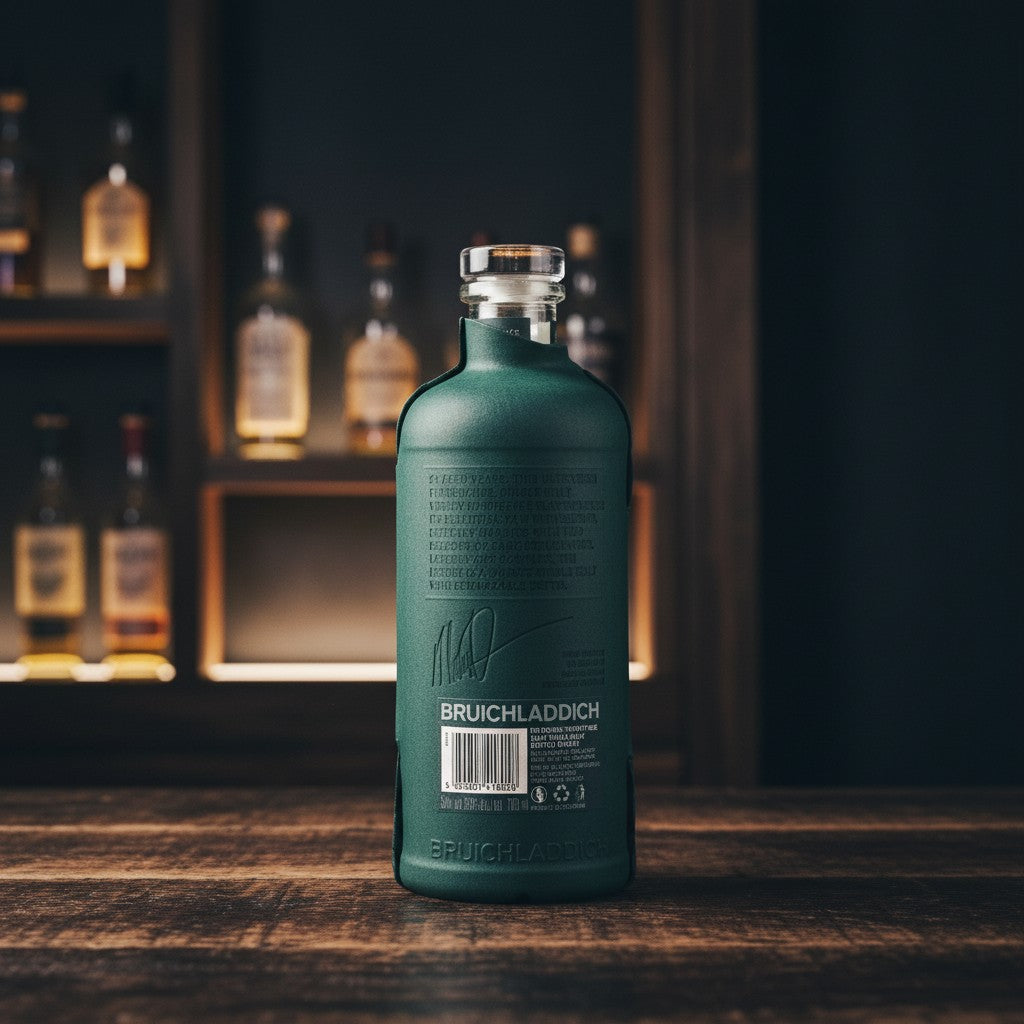 Whiskyquartier Bruichladdich Laddie 21 Redefine Flasche in grüner Schutzhülle auf einem Holztisch vor einem Barregal