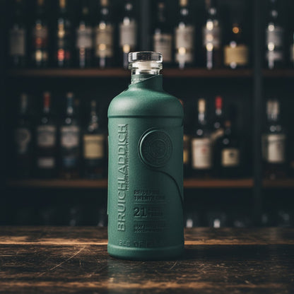Whiskyquartier Bruichladdich Laddie 21 Redefine Single Malt Whisky in grüner Flasche auf einem Holztresen