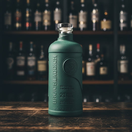 Whiskyquartier Bruichladdich Laddie 21 Redefine Single Malt Whisky in grüner Flasche auf einem Holztresen