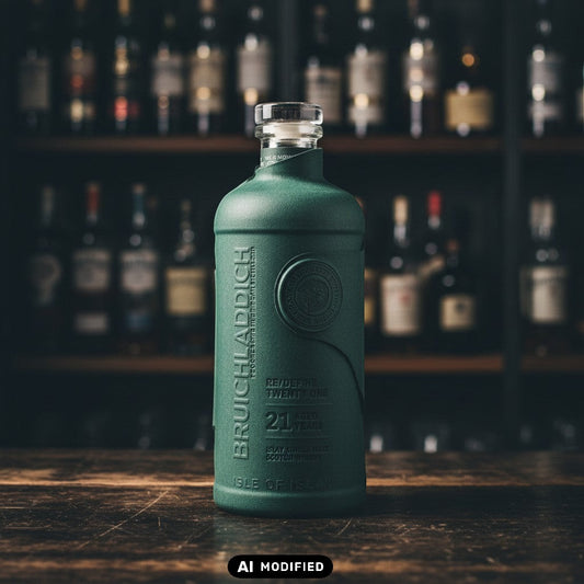 Whiskyquartier Bruichladdich Laddie 21 Redefine Single Malt Whisky in grüner Flasche auf einem Holztresen