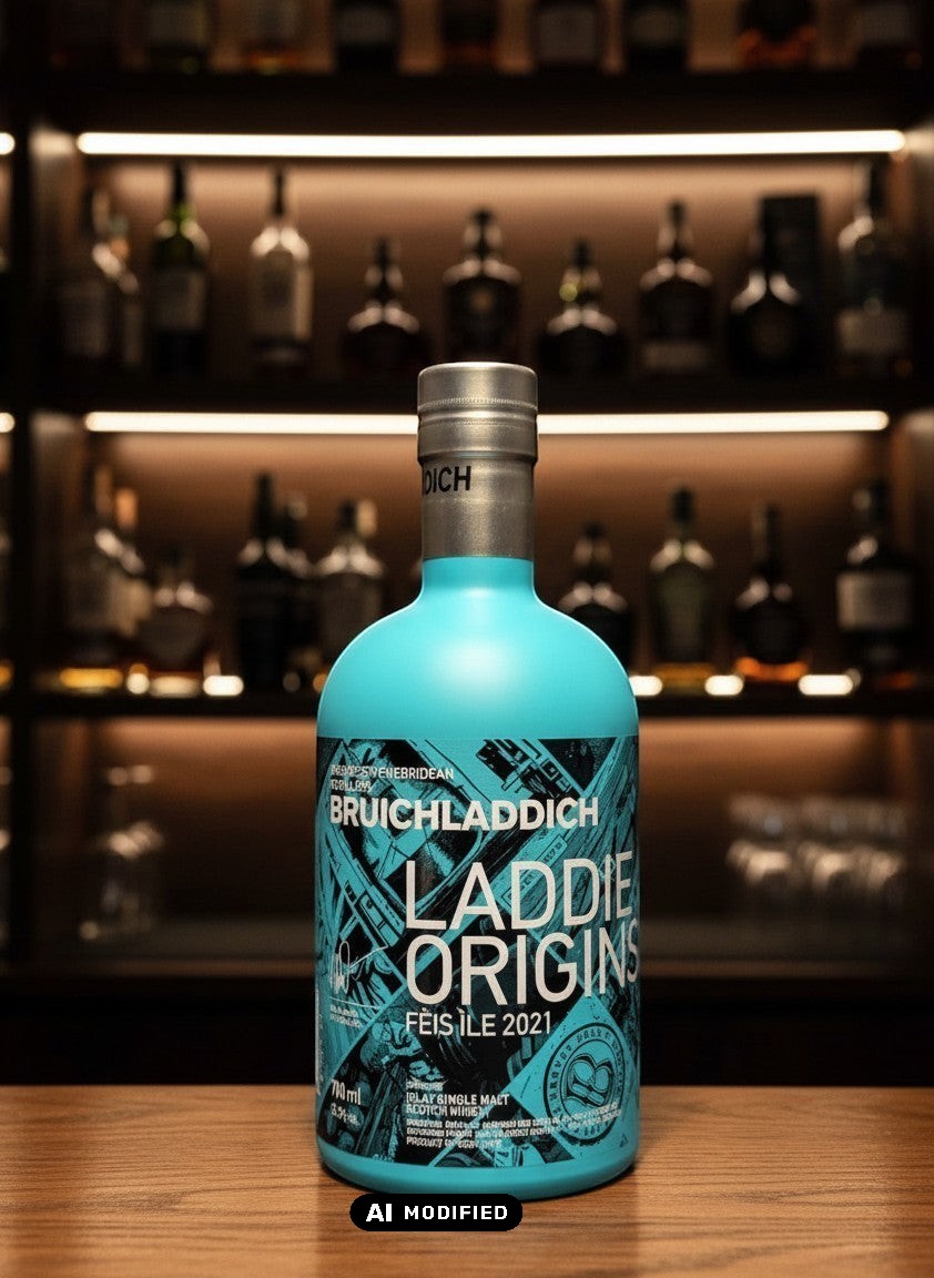 Whiskyquartier Bruichladdich Laddie Origins Fèis Ile 2021, eine limitierte ungetorfte Islay Single Malt Abfüllung in türkiser Flasche.