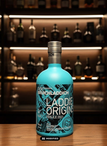 Whiskyquartier Bruichladdich Laddie Origins Fèis Ile 2021, eine limitierte ungetorfte Islay Single Malt Abfüllung in türkiser Flasche.