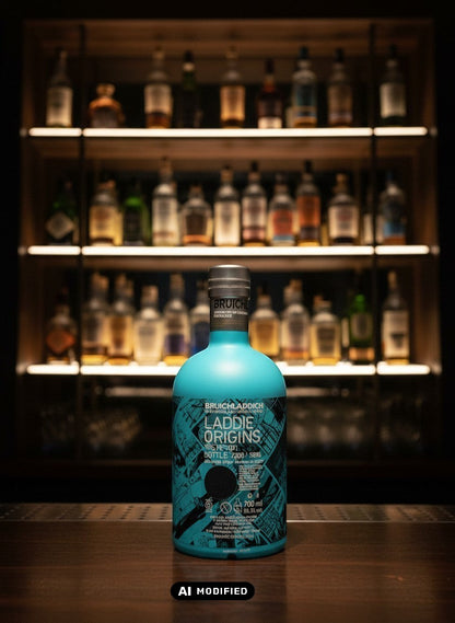 Whiskyquartier Bruichladdich Laddie Origins Fèis Ìle 2021, ungetorfter Single Malt, 0,7L Flasche mit türkisfarbenem Etikett.