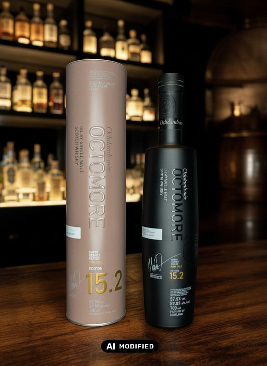 Whiskyquartier Bruichladdich Octomore 15.2 Islay Single Malt Scotch Whisky, 108.2 PPM, 0.7L, in schwarzer Flasche und brauner Röhre.