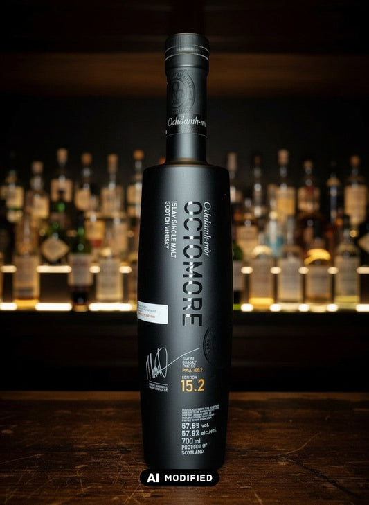 Whiskyquartier Bruichladdich Octomore 15.2 Islay Single Malt Scotch Whisky, 108.2 PPM, 0.7L, in schwarzer Flasche.