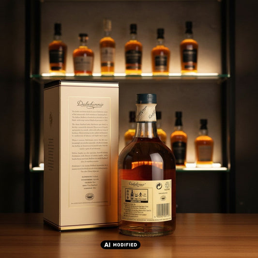 Whiskyquartier Dalwhinnie 15 Jahre Highland Single Malt Scotch Whisky in Glasflasche mit Karton. Bernstein-farbene Flüssigkeit, 0,7L.