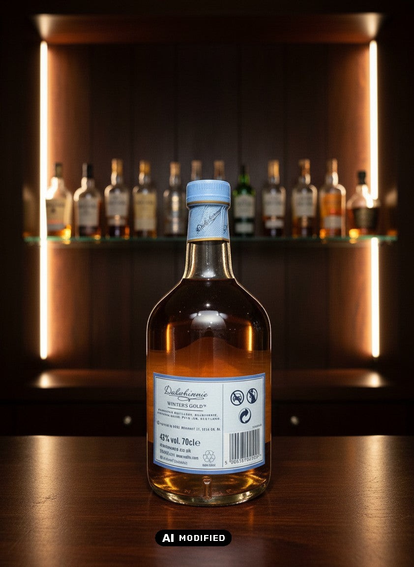 Dalwhinnie Winter's Gold Single Malt Scotch Whisky in einer 0,7L Flasche mit goldenem Inhalt und blauem Etikett.