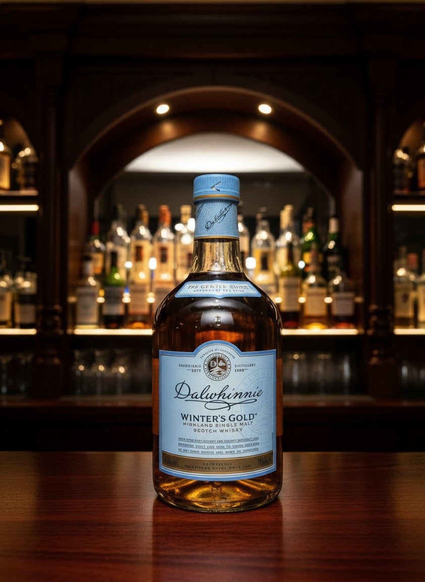 Dalwhinnie Winter's Gold Highland Single Malt Scotch Whisky 0.7L Flasche auf Holztisch