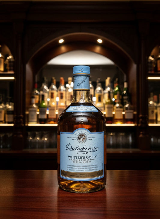Dalwhinnie Winter's Gold Highland Single Malt Scotch Whisky 0.7L Flasche auf Holztisch