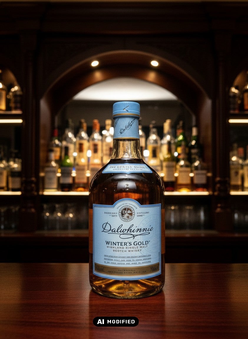 Dalwhinnie Winter's Gold Highland Single Malt Scotch Whisky 0.7L Flasche auf Holztisch