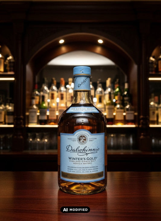 Dalwhinnie Winter's Gold Highland Single Malt Scotch Whisky 0.7L Flasche auf Holztisch