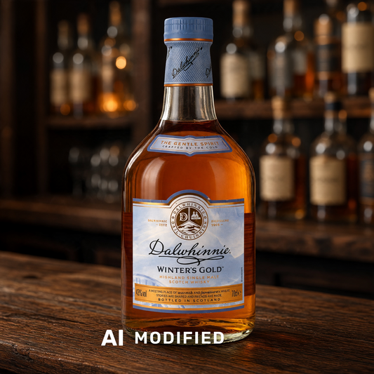 Whiskyquartier Dalwhinnie Winter's Gold Single Malt Scotch Whisky in 0,7L Flasche vor einem dunklen Holzregal.