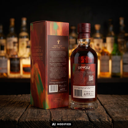 Whiskyquartier Dingle 11 Jahre Single Pot Still Irish Whiskey Flasche mit Geschenkverpackung auf rustikalem Holztisch