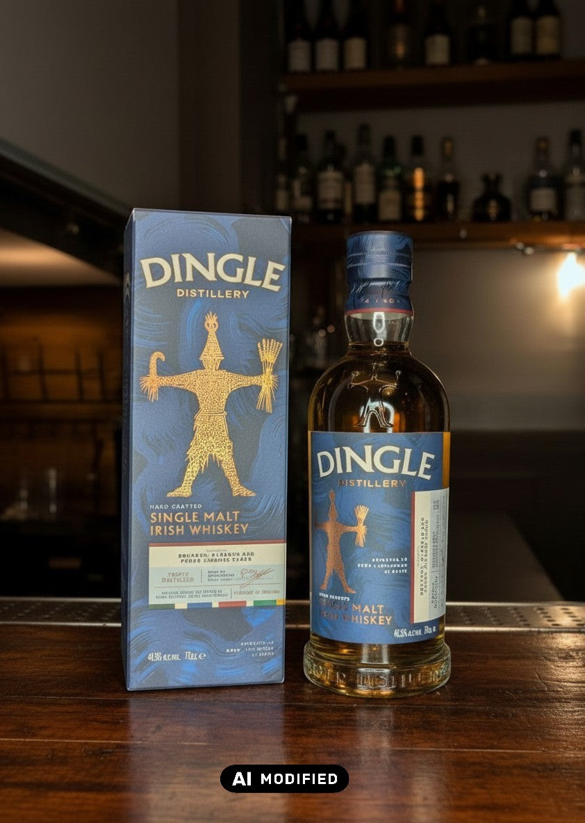 Whiskyquartier Dingle Single Malt Irish Whiskey 0,7L Flasche und Karton mit goldenem Mann-Motiv auf blauem Hintergrund.