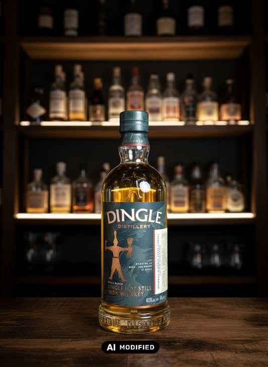 Whiskyquartier Dingle Single Pot Still Irish Whiskey 0,7L Flasche mit goldenem Etikett und irischem Motiv, auf Holztisch.