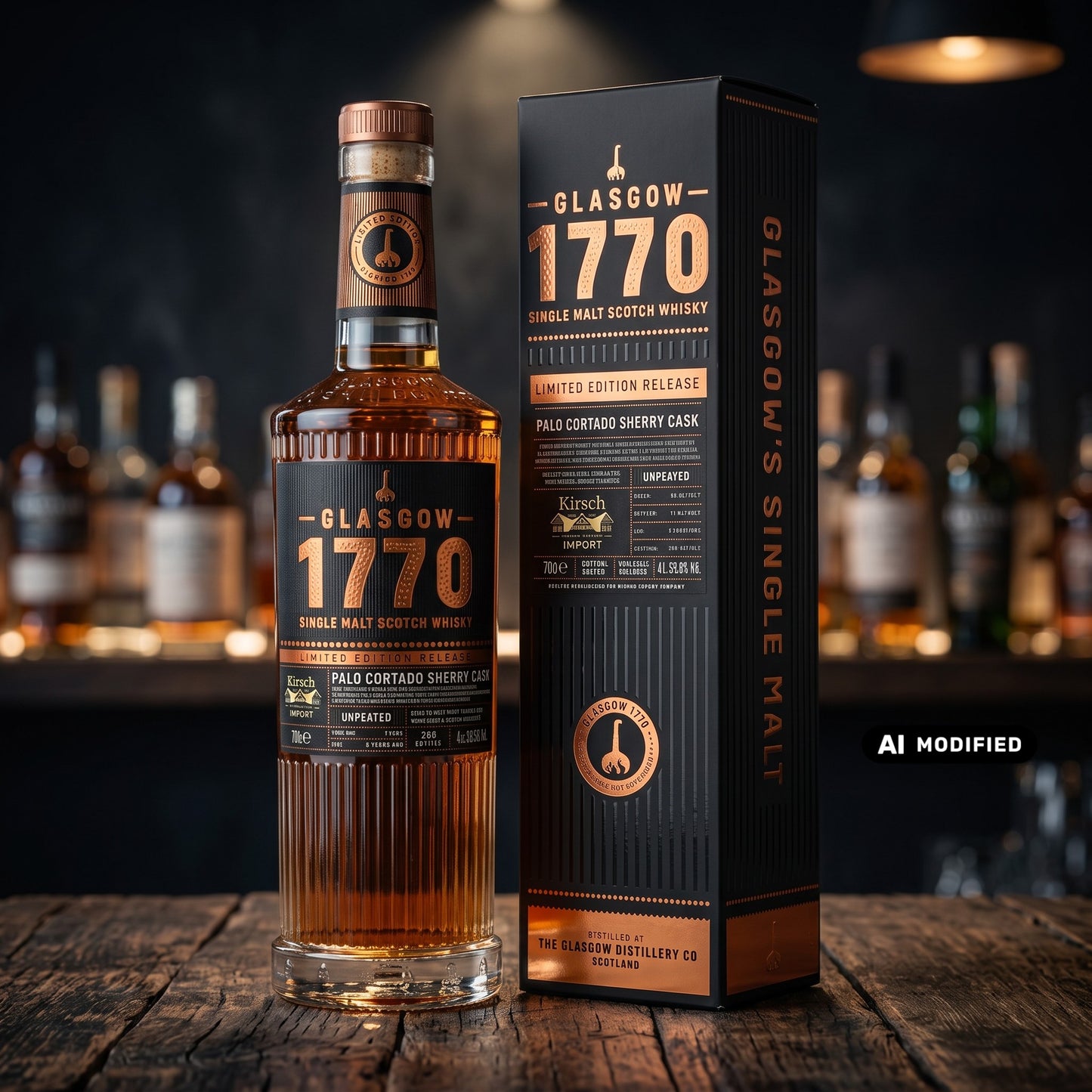 Whiskyquartier Glasgow 1770 9 Jahre Palo Cortado Sherry Cask Single Malt Whisky mit Geschenkverpackung auf Holztisch