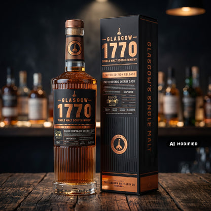 Whiskyquartier Glasgow 1770 9 Jahre Palo Cortado Sherry Cask Single Malt Whisky mit Geschenkverpackung auf Holztisch