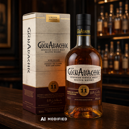 GlenAllachie 11 Jahre Premier Cru Classé Whisky Flasche mit Geschenkverpackung auf einem Tresen