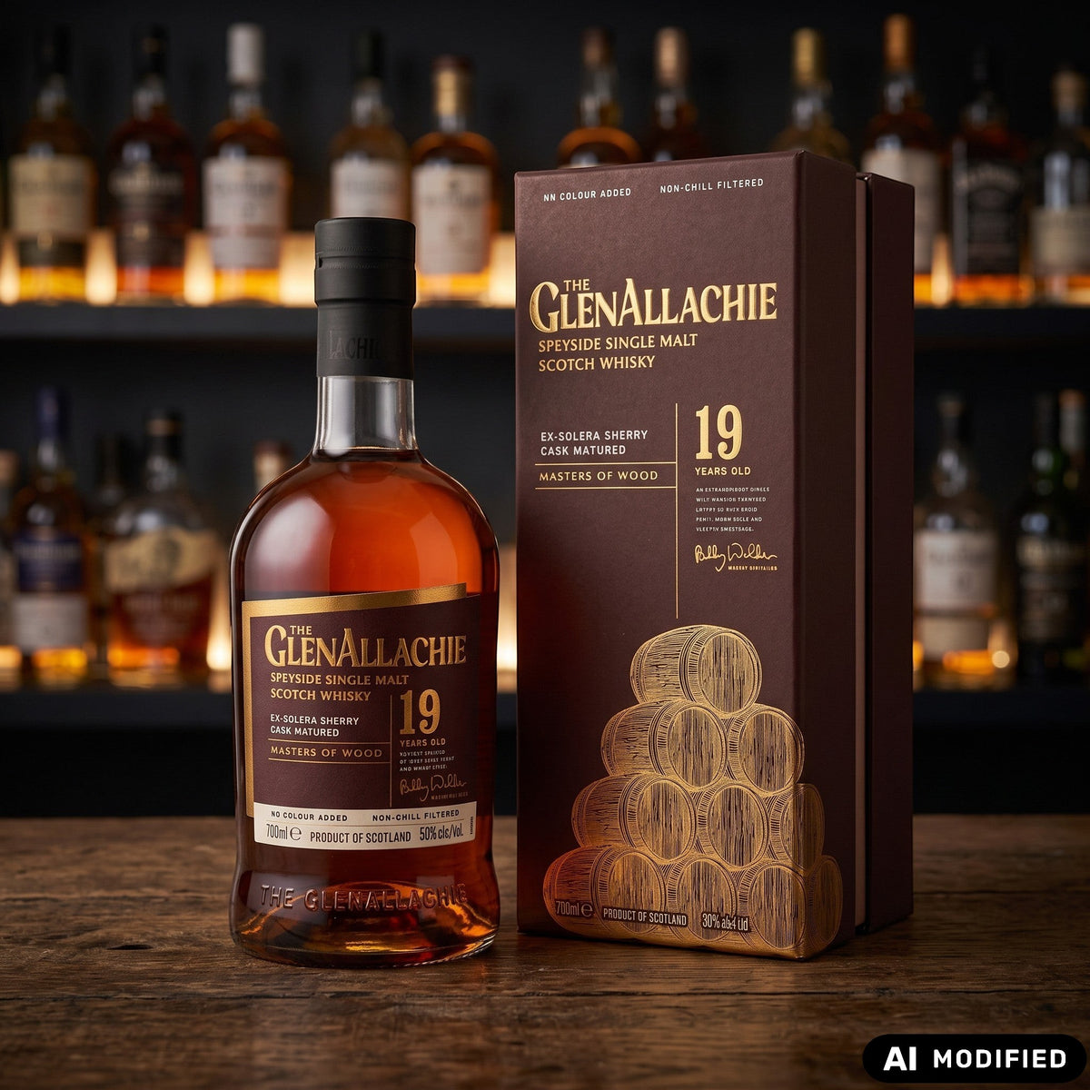 Whiskyquartier GlenAllachie 19 Jahre Masters of Wood Single Malt Whisky in Flasche und brauner Geschenkverpackung