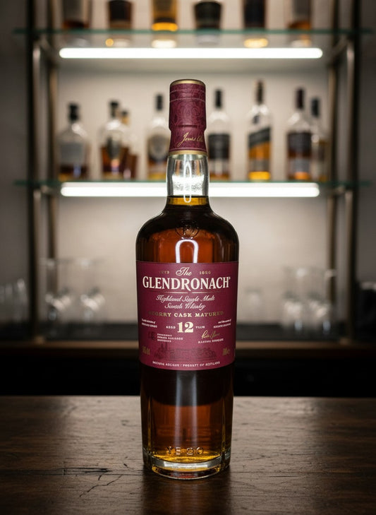 Whiskyquartier GlenDronach 12 Jahre Single Malt Scotch Whisky in Sherry Cask Matured, 0,7L Flasche auf Holztisch