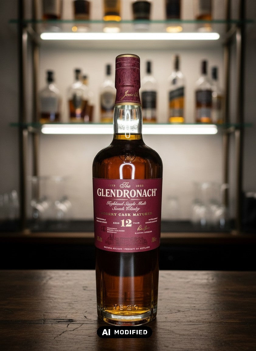 Whiskyquartier GlenDronach 12 Jahre Single Malt Scotch Whisky in Sherry Cask Matured, 0,7L Flasche auf Holztisch