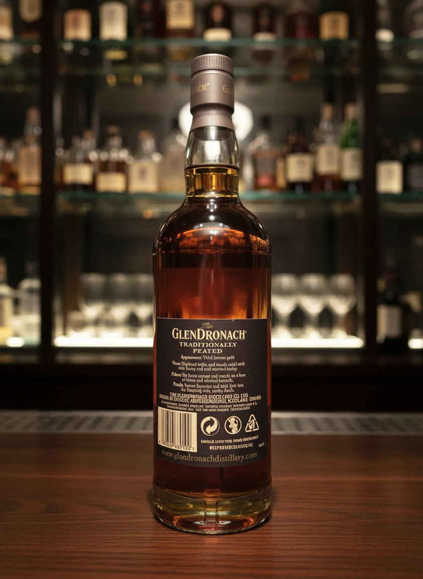Whiskyquartier GlenDronach Traditionally Peated Single Malt Scotch Whisky, 0,7L Flasche mit bernsteinfarbener Flüssigkeit, Sherry-Fass gereift.