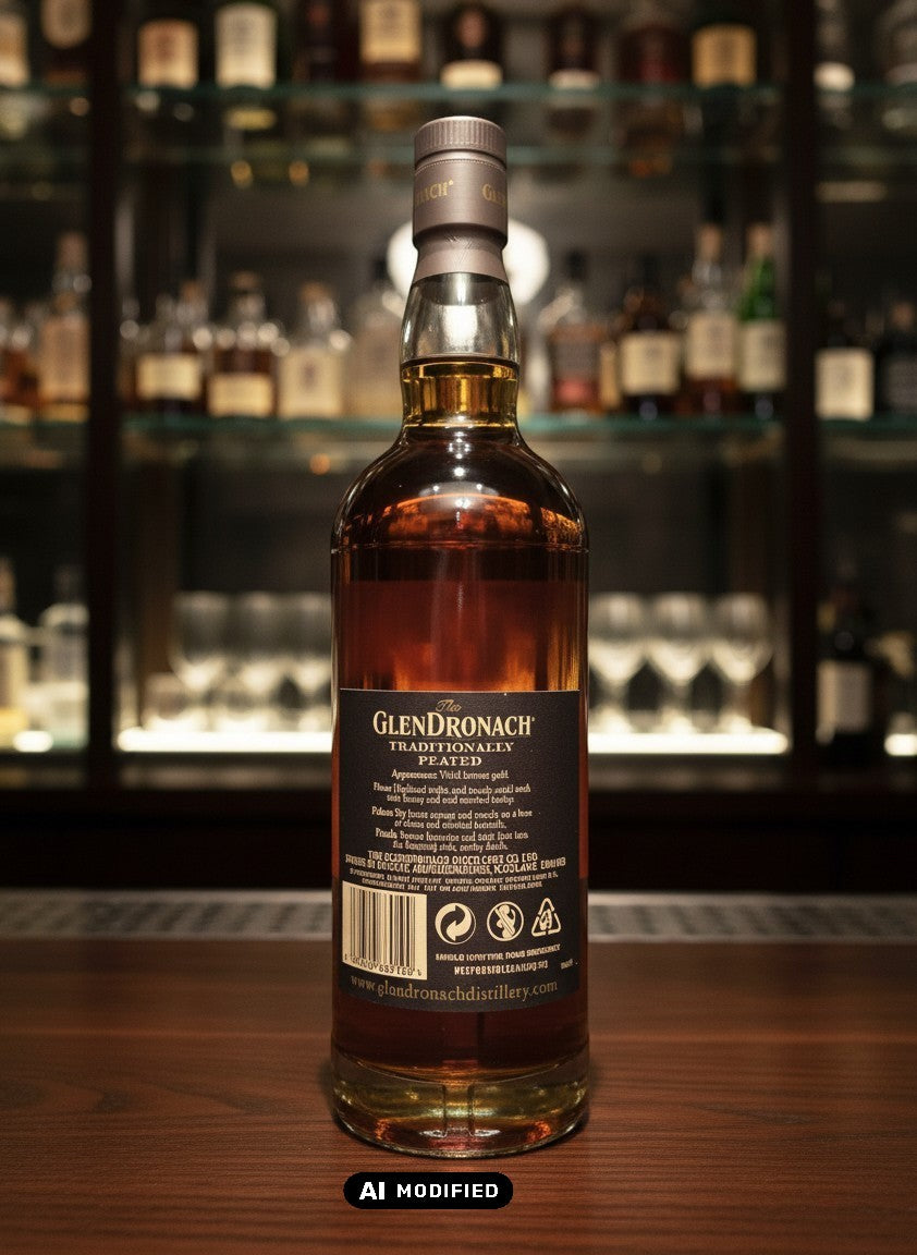 Whiskyquartier GlenDronach Traditionally Peated Single Malt Scotch Whisky, 0,7L Flasche mit bernsteinfarbener Flüssigkeit, Sherry-Fass gereift.