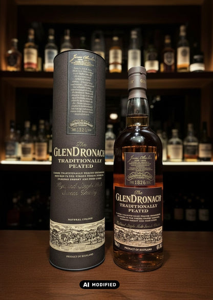 GlenDronach Traditionally Peated Single Malt Scotch Whisky 0.7L in einer dunklen Flasche mit passender Röhre, traditionell getorft, Sherry-Fass.
