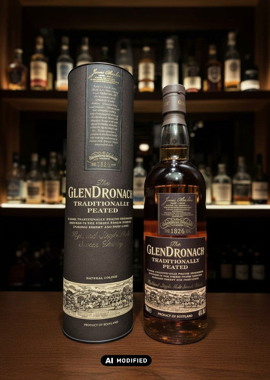 GlenDronach Traditionally Peated Single Malt Scotch Whisky 0.7L in einer dunklen Flasche mit passender Röhre, traditionell getorft, Sherry-Fass.