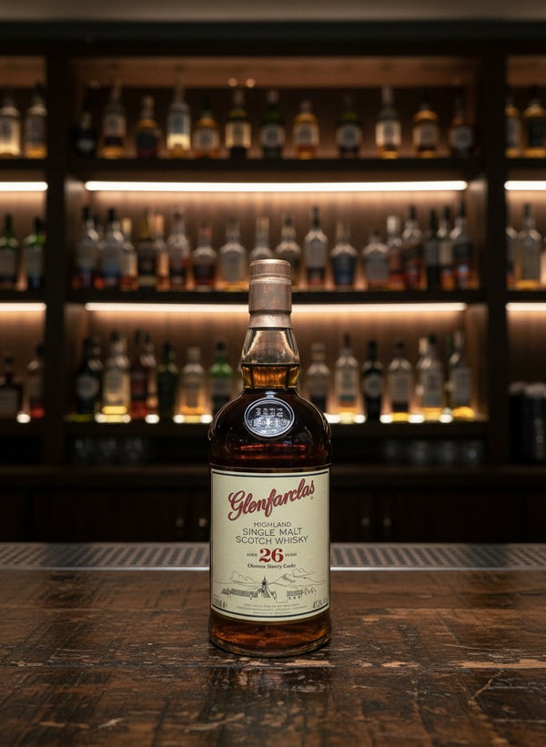 Glenfarclas 26 Jahre Oloroso Sherry Cask Highland Single Malt Scotch Whisky in Glasflasche, bernsteinfarben.