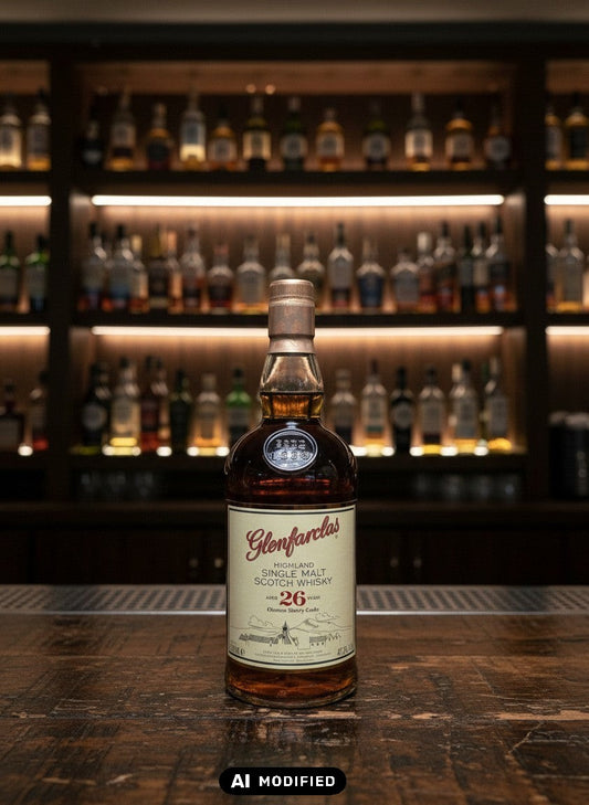 Glenfarclas 26 Jahre Oloroso Sherry Cask Highland Single Malt Scotch Whisky in Glasflasche, bernsteinfarben.