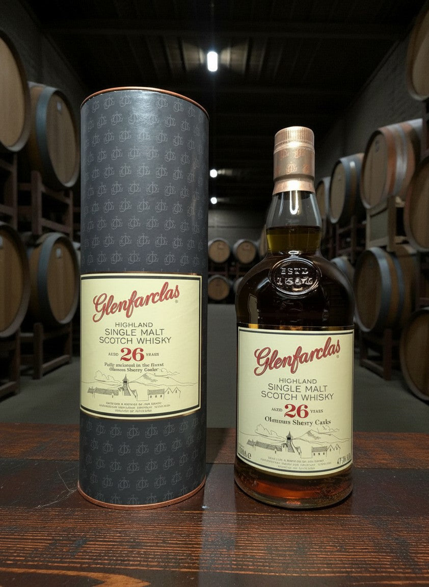 Glenfarclas 26 Jahre Oloroso Sherry Cask Single Malt Scotch Whisky in Geschenkbox. Dunkelbraune Flasche mit hellem Etikett.