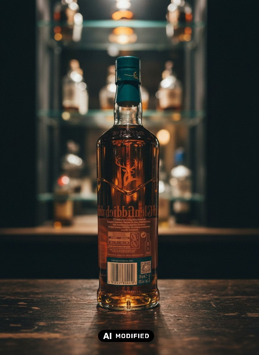 Whiskyquartier Glenfiddich 16 Jahre Aston Martin F1 Edition 0.7L, bernsteinfarbener Single Malt Scotch Whisky in klarer Flasche mit blauem Etikett und Verschluss.