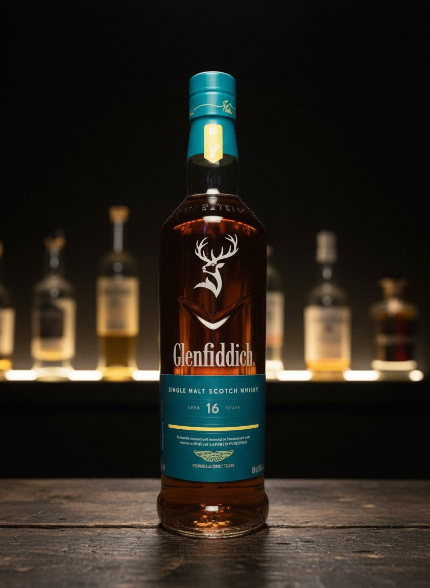 Glenfiddich 16 Jahre Aston Martin F1 Edition Single Malt Scotch Whisky in 0,7L Flasche mit Hirsch-Logo und türkisfarbenem Etikett.