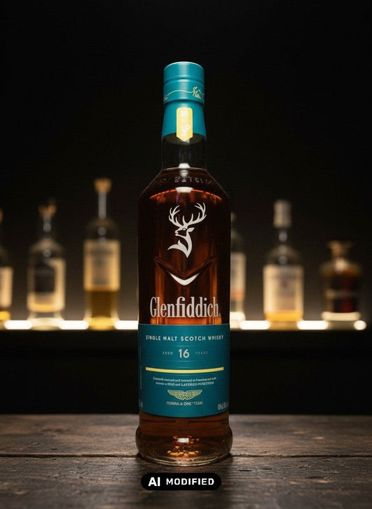 Glenfiddich 16 Jahre Aston Martin F1 Edition Single Malt Scotch Whisky in 0,7L Flasche mit Hirsch-Logo und türkisfarbenem Etikett.