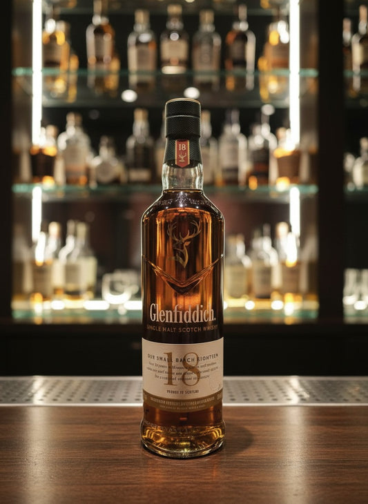 Glenfiddich 18 Years Our Small Batch Eighteen Single Malt Scotch Whisky in einer Glasflasche mit einem kleinen Glas daneben. Bernstein-farbener Whisky.