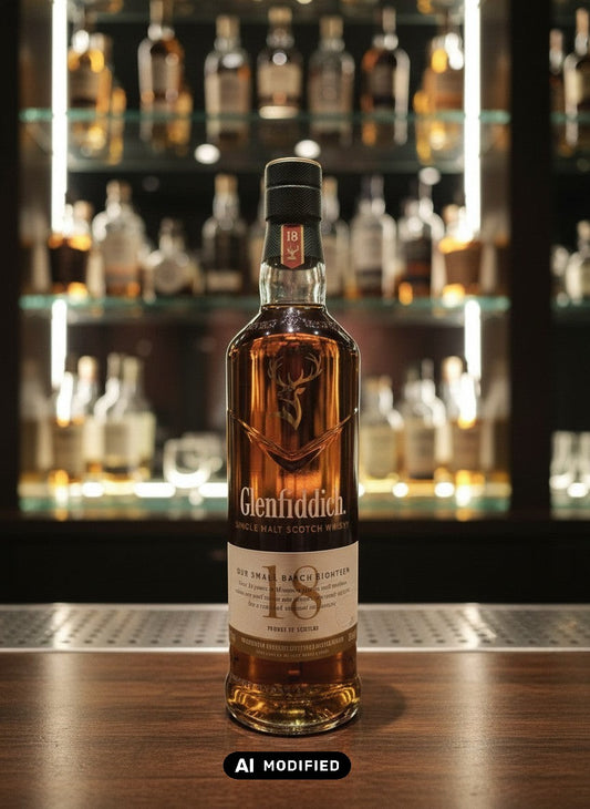 Glenfiddich 18 Years Our Small Batch Eighteen Single Malt Scotch Whisky in einer Glasflasche mit einem kleinen Glas daneben. Bernstein-farbener Whisky.