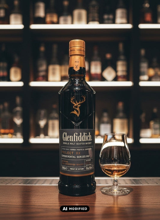 Glenfiddich Project XX Single Malt Scotch Whisky Flasche, Experimental Series #02, 0.7L, dunkles Glas mit Hirsch-Logo und goldener Kappe.