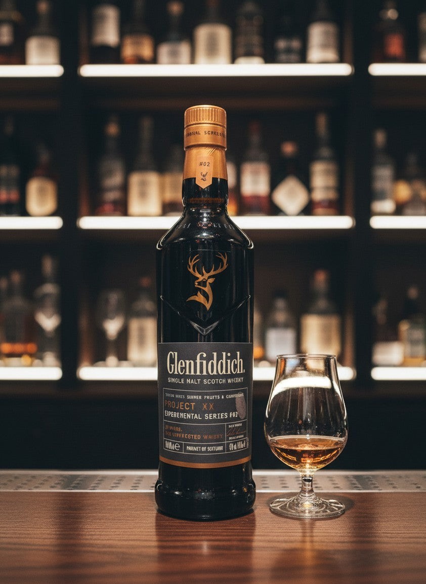 Glenfiddich Project XX Single Malt Scotch Whisky Flasche, Experimental Series #02, 0.7L, dunkles Glas mit Hirsch-Logo und goldener Kappe.