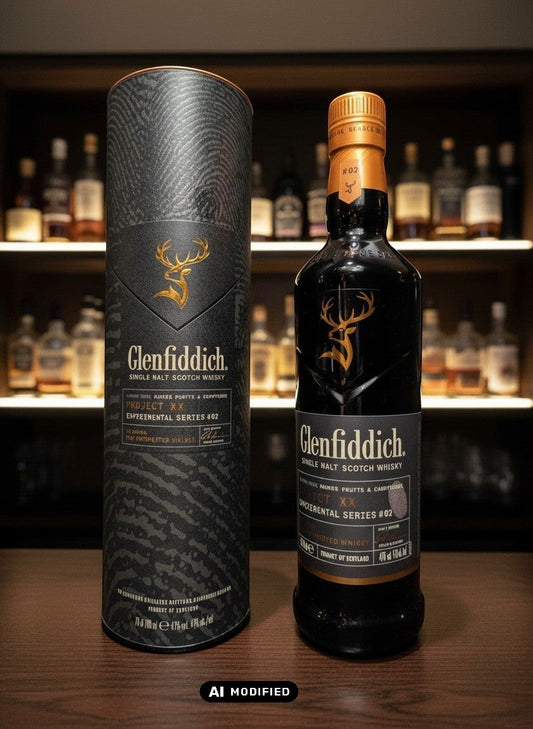 Glenfiddich Experimental Series Project XX Single Malt Scotch Whisky in schwarzer Flasche mit goldener Hirsch-Silhouette und passender Geschenkverpackung.