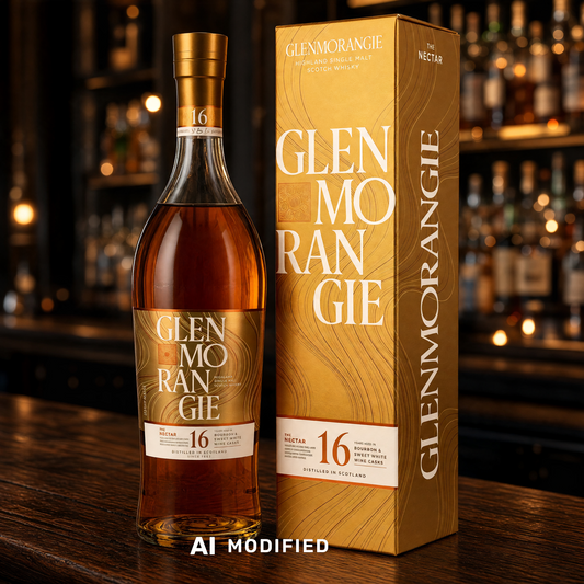 Glenmorangie 16 Jahre The Nectar Single Malt Whisky in goldener Flasche mit passender Geschenkverpackung auf Theke