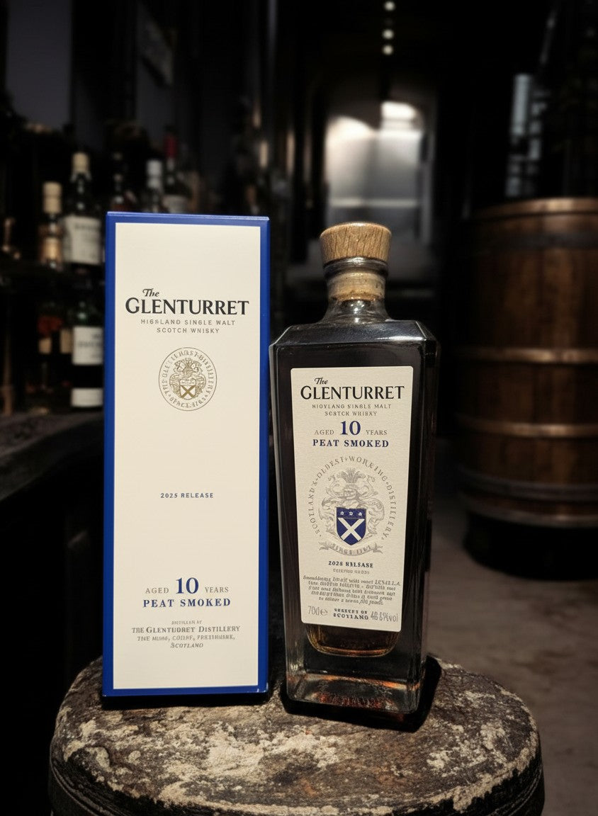 Glenturret 10 Years Peat Smoked 2025 Highland Single Malt Scotch Whisky in einer Glasflasche mit Holzkorken und passender blauer Kartonverpackung.